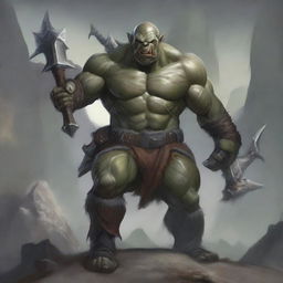 A detailed illustration of a gray-skinned orc wielding two weapons