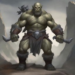 A detailed illustration of a gray-skinned orc wielding two weapons