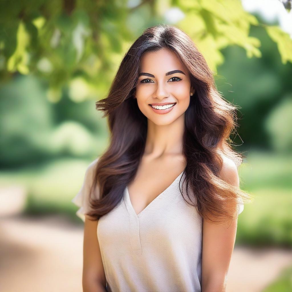 A beautiful woman with elegant features, radiant smile, and flowing hair