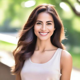A beautiful woman with elegant features, radiant smile, and flowing hair