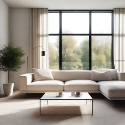 A modern living room with sleek furniture, minimalistic design, large windows letting in natural light, and a neutral color palette