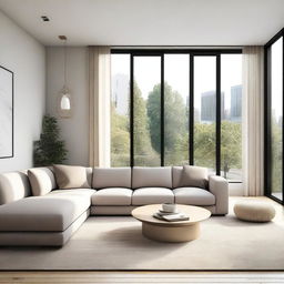 A modern living room with sleek furniture, minimalistic design, large windows letting in natural light, and a neutral color palette