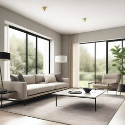 A modern living room with sleek furniture, minimalistic design, large windows letting in natural light, and a neutral color palette