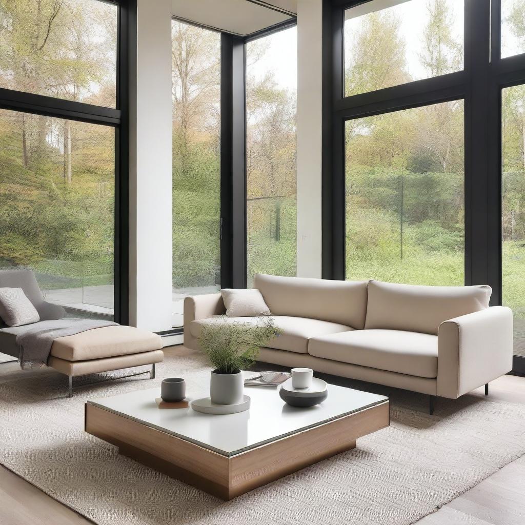 A modern living room with sleek furniture, minimalistic design, large windows letting in natural light, and a neutral color palette