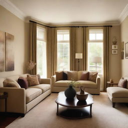 A beautiful living room without windows, featuring elegant furniture, warm lighting, and a cozy atmosphere