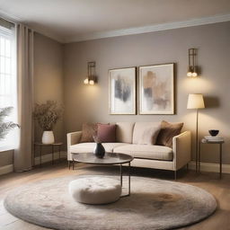 A beautiful living room without windows, featuring elegant furniture, warm lighting, and a cozy atmosphere