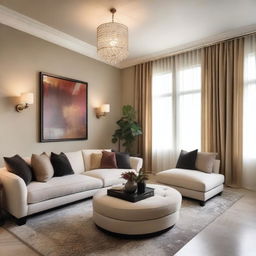 A beautiful living room without windows, featuring elegant furniture, warm lighting, and a cozy atmosphere