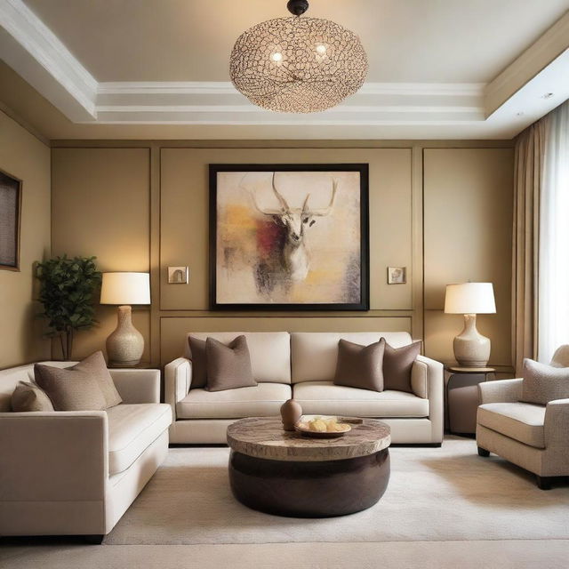 A beautiful living room without windows, featuring elegant furniture, warm lighting, and a cozy atmosphere