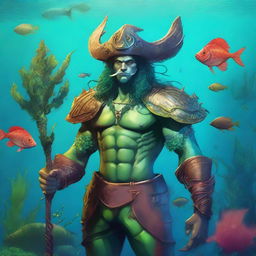 A detailed character portrait of a merman wearing water-damaged leather armor and a three-cornered leather hat