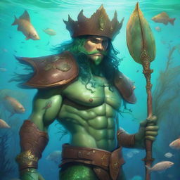 A detailed character portrait of a merman wearing water-damaged leather armor and a three-cornered leather hat