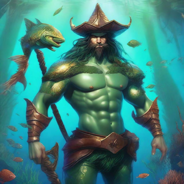 A detailed character portrait of a merman wearing water-damaged leather armor and a three-cornered leather hat