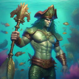 A detailed character portrait of a merman wearing water-damaged leather armor and a three-cornered leather hat