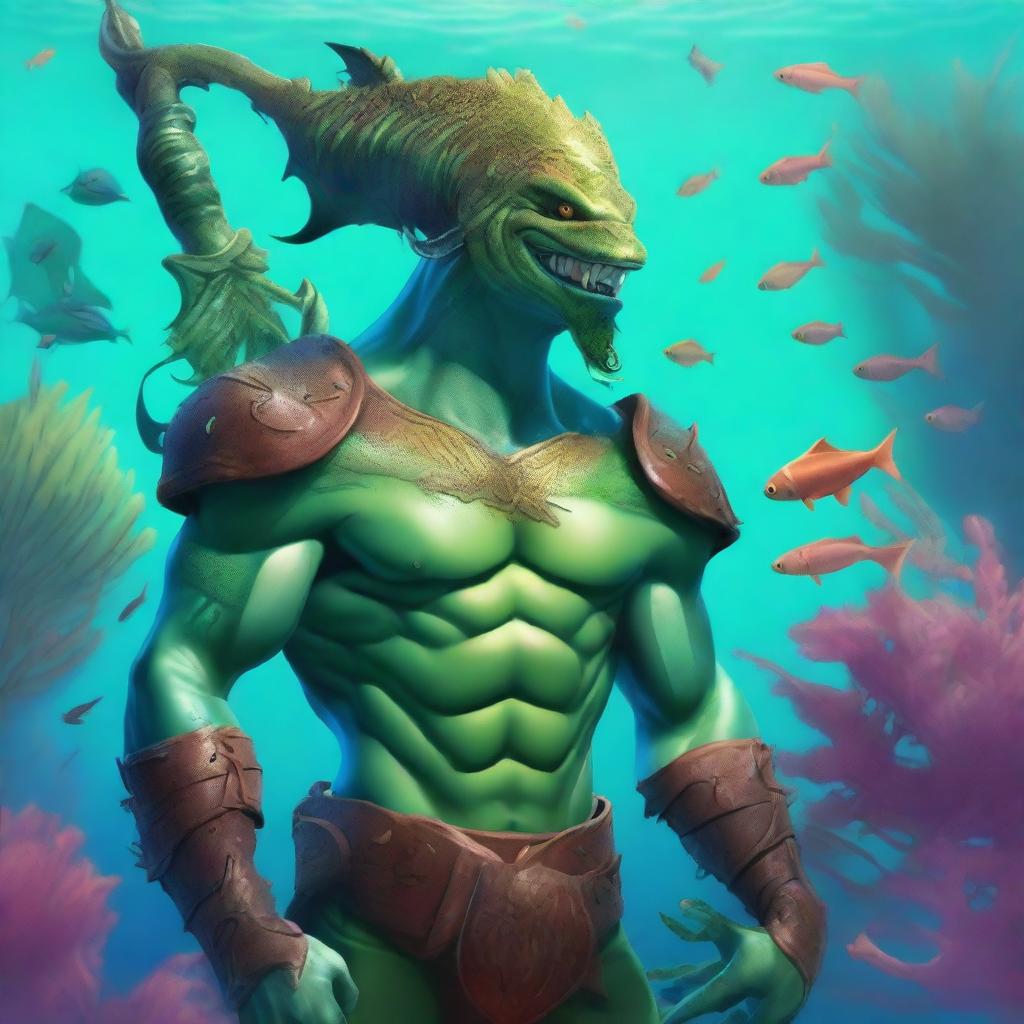 A character portrait of a slender, fishlike merman with water-damaged leather armor, a three-cornered leather hat, and a green-golden scaled trident in hand