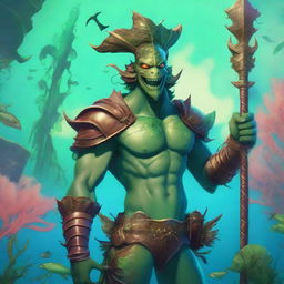 A character portrait of a slender, fishlike merman with water-damaged leather armor, a three-cornered leather hat, and a green-golden scaled trident in hand