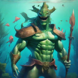 A character portrait of a slender, fishlike merman with water-damaged leather armor, a three-cornered leather hat, and a green-golden scaled trident in hand