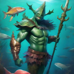 A character portrait of a slender, fishlike merman with water-damaged leather armor, a three-cornered leather hat, and a green-golden scaled trident in hand