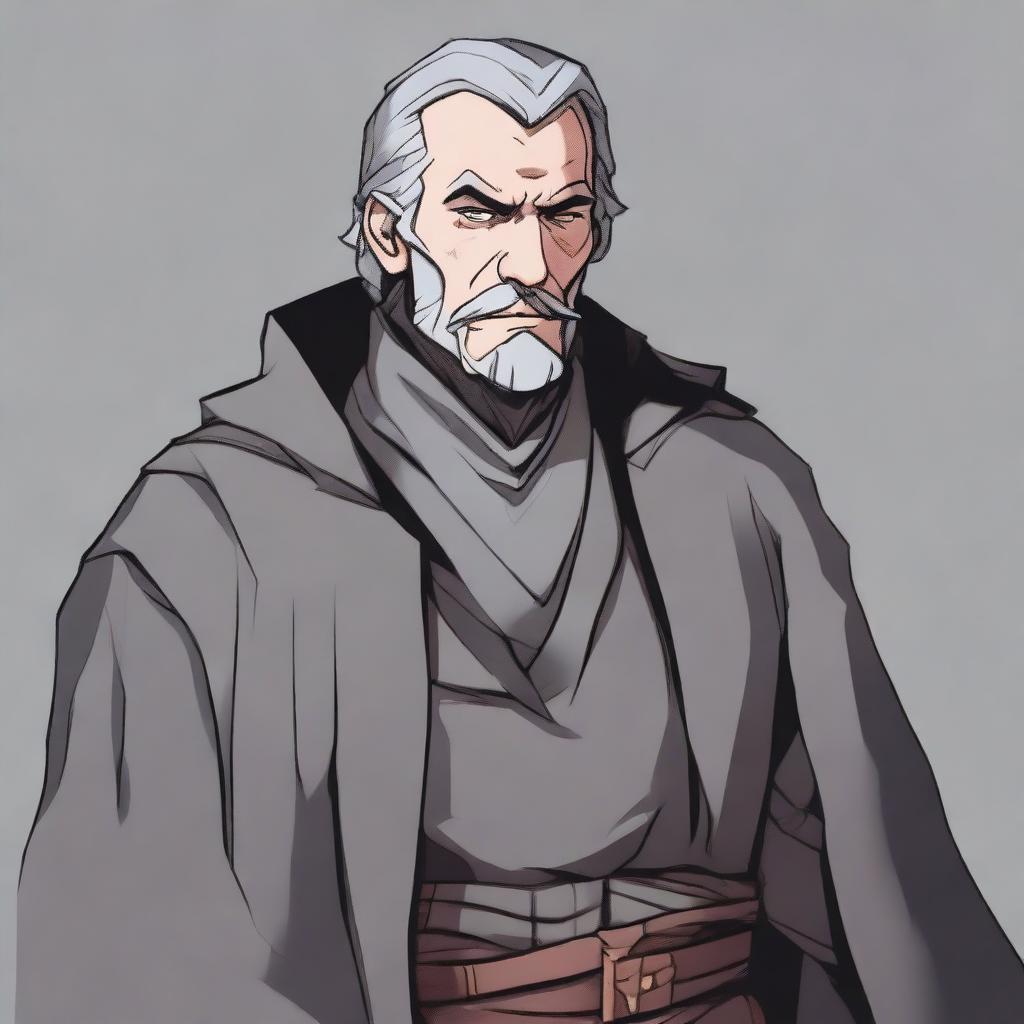 A detailed illustration of a middle-aged male human warlock who is a failed merchant