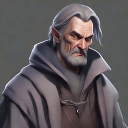 A realistic illustration of a middle-aged male human warlock who is a failed merchant