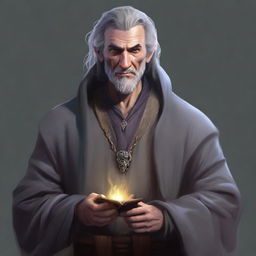 A realistic illustration of a middle-aged male human warlock who is a failed merchant