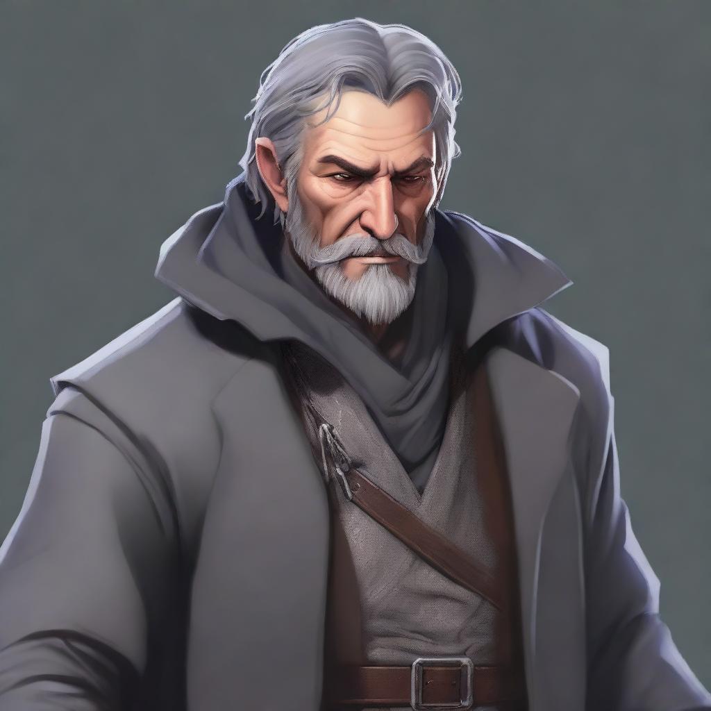 A realistic illustration of a middle-aged male human warlock who is a failed merchant