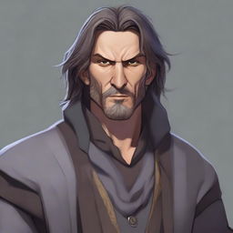 A realistic illustration of a middle-aged male human warlock who is a failed merchant