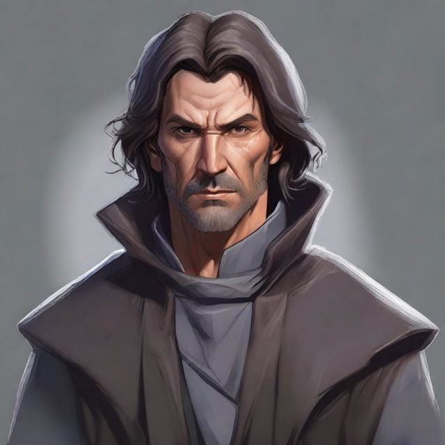 A realistic illustration of a middle-aged male human warlock who is a failed merchant