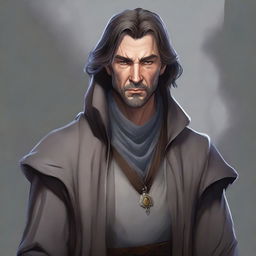 A realistic illustration of a middle-aged male human warlock who is a failed merchant