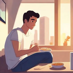 An animated scene featuring a young man waking up, watching TV, and eating cereal