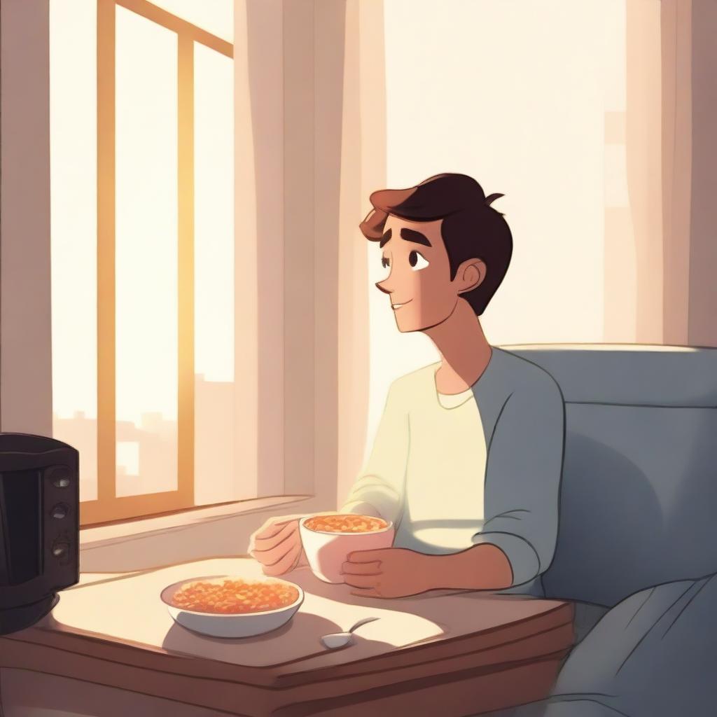 An animated scene featuring a young man waking up, watching TV, and eating cereal