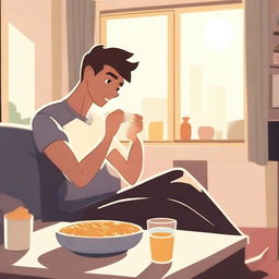 An animated scene featuring a young man waking up, watching TV, and eating cereal