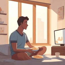 An animated scene featuring a young man waking up, watching TV, and eating cereal