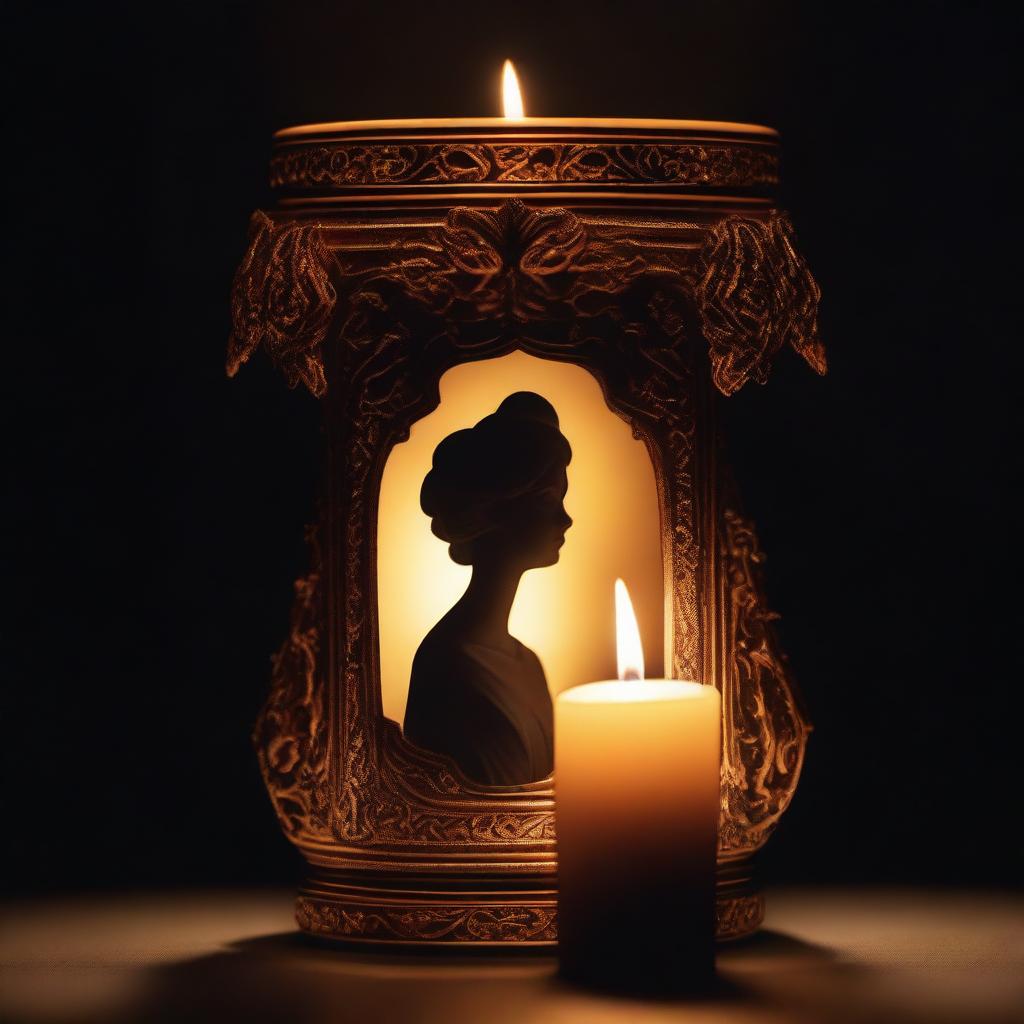 A candle in an ornate container illuminating a dark room, revealing the silhouette of a woman's face