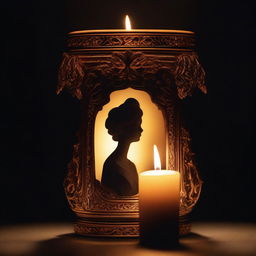 A candle in an ornate container illuminating a dark room, revealing the silhouette of a woman's face