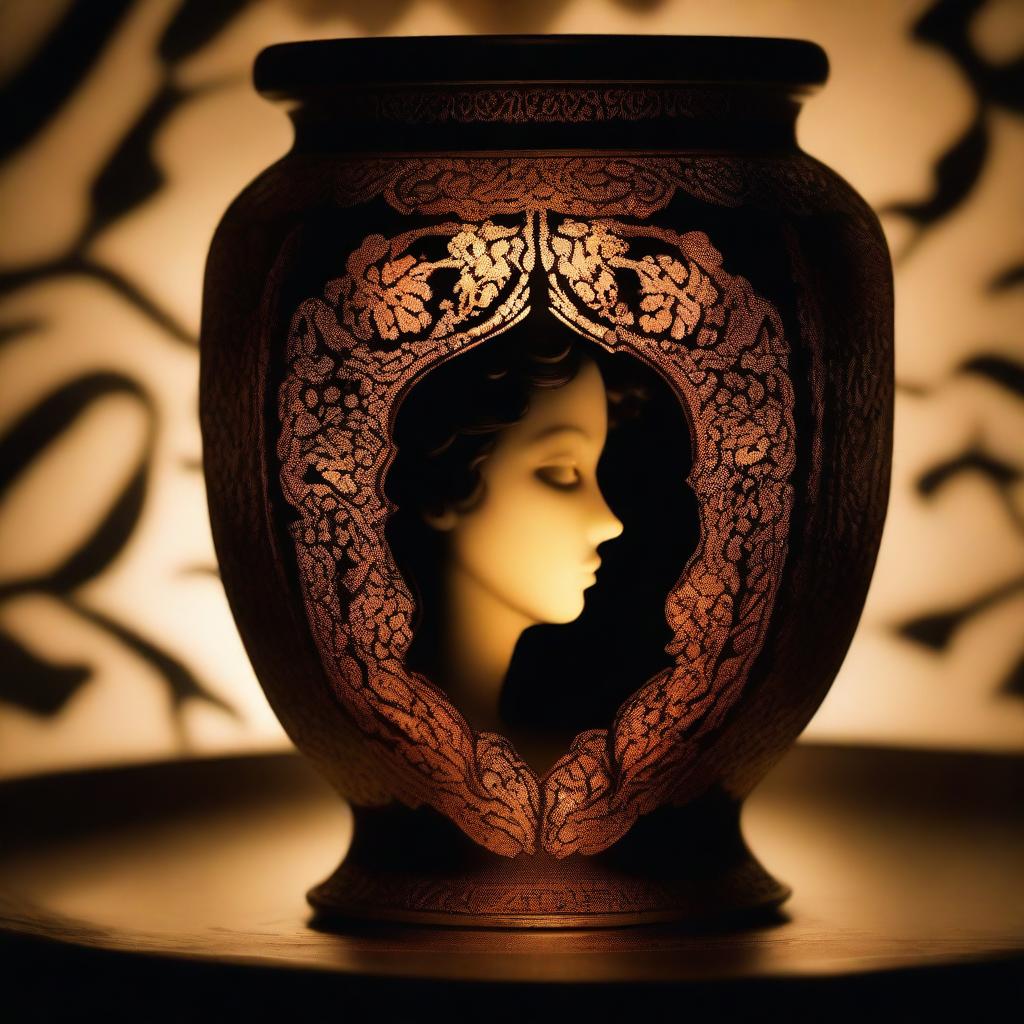 A candle in an ornate container illuminating a dark room, revealing the silhouette of a woman's face