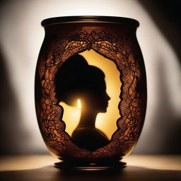 A candle in an ornate container illuminating a dark room, revealing the silhouette of a woman's face