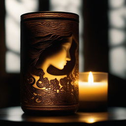 A candle in an ornate container illuminating a dark room, revealing the silhouette of a woman's face