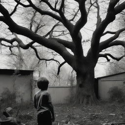 A boy, seen from behind, stands in his backyard, looking shocked and afraid