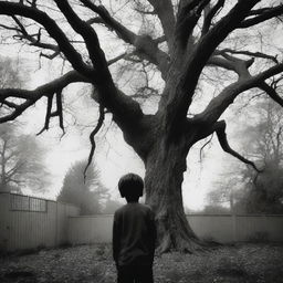 A boy, seen from behind, stands in his backyard, looking shocked and afraid