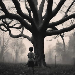 A boy, seen from behind, stands in his backyard, looking shocked and afraid