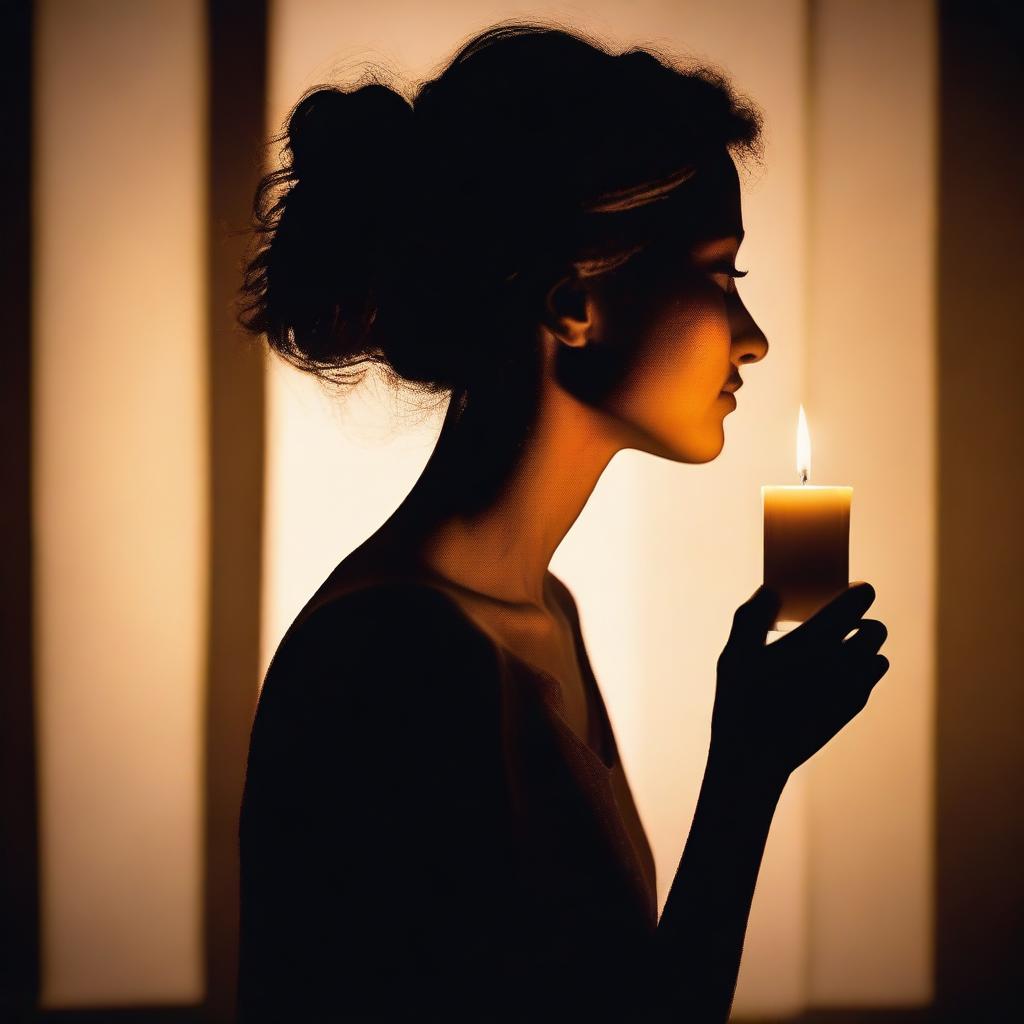 The profile silhouette of a beautiful young woman staring at the flame of a flickering candle