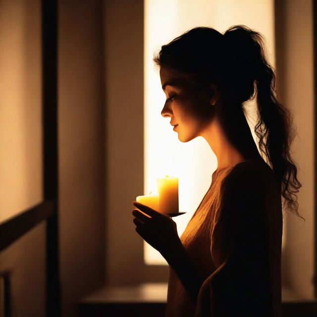 The profile silhouette of a beautiful young woman staring at the flame of a flickering candle