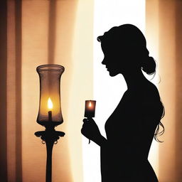 The profile silhouette of a beautiful young woman staring at the flame of a flickering candle