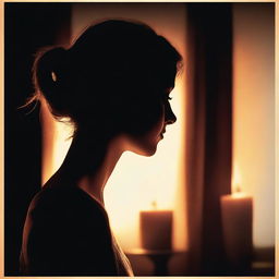 The profile silhouette of a beautiful young woman staring at the flame of a flickering candle