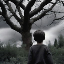 A boy, seen from behind, stands in his backyard garden on a cloudy day, looking shocked and afraid