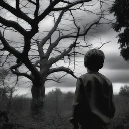 A boy, seen from behind, stands in his backyard garden on a cloudy day, looking shocked and afraid