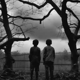 A boy, seen from behind, stands in his backyard garden on a cloudy day, looking shocked and afraid