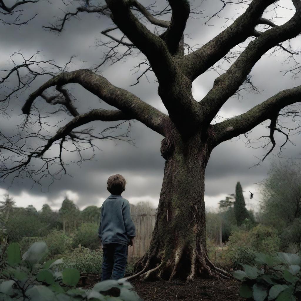 A boy, seen from behind, stands in his backyard garden on a cloudy day, looking shocked and afraid