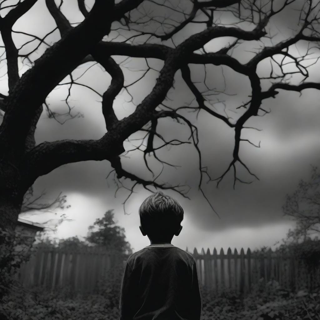 A boy, seen from behind, stands in his backyard garden on a cloudy day, looking shocked and afraid