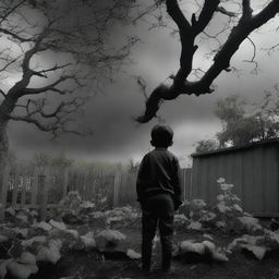 A boy, seen from behind, stands in his backyard garden on a cloudy day, looking shocked and afraid