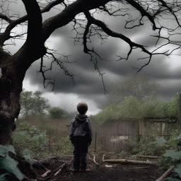 A boy, seen from behind, stands in his backyard garden on a cloudy day, looking shocked and afraid